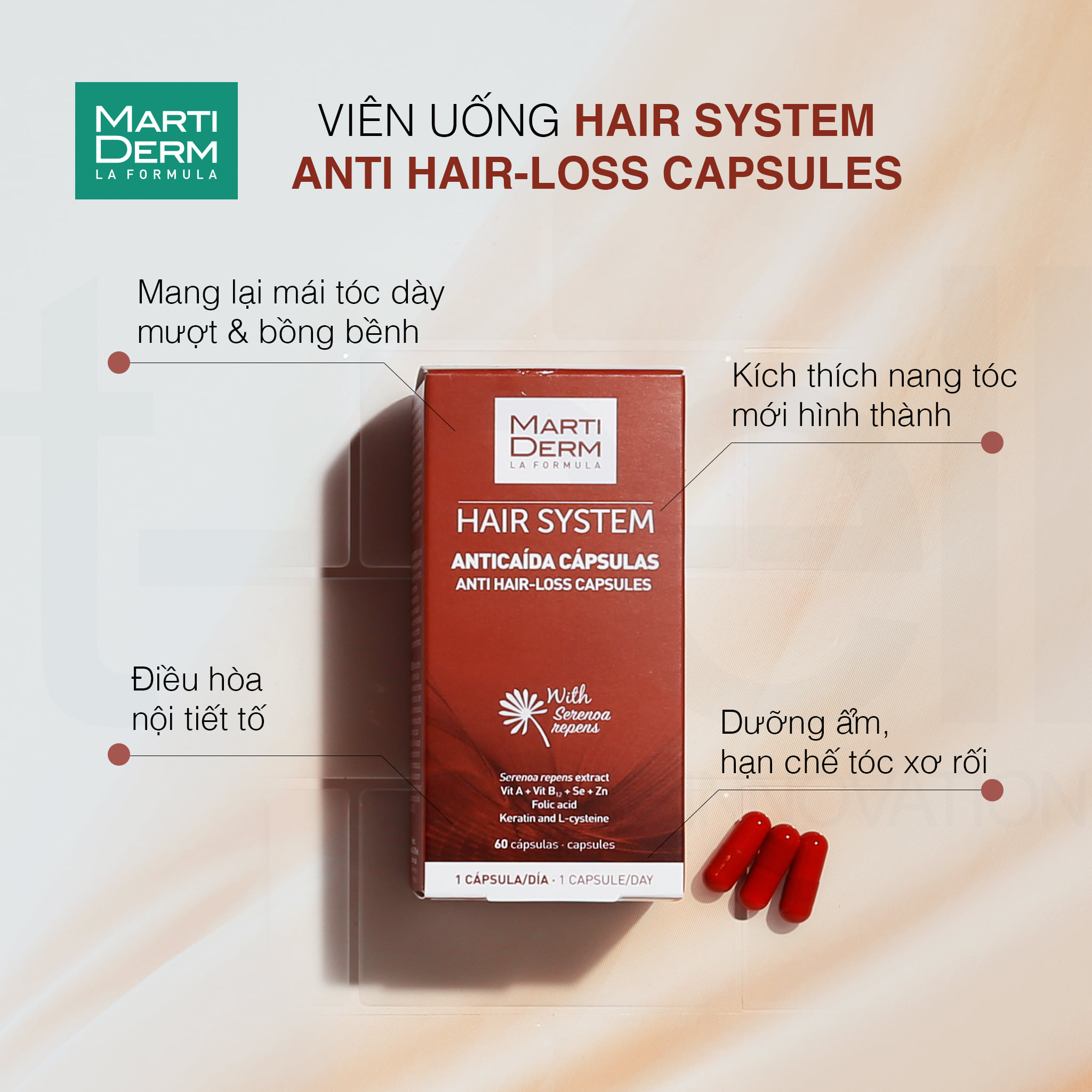 Công dụng của viên uống Martiderm Hair System Anti Hair-Loss Capsules