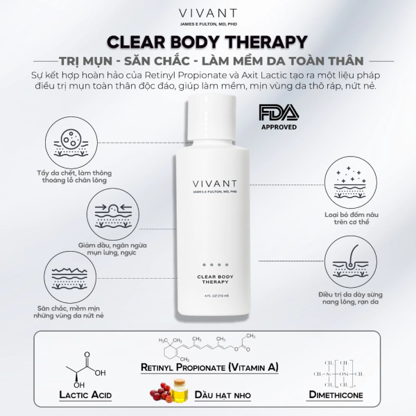 Kem dưỡng giảm mụn, mềm mịn sáng da cơ thể Vivant Clear Body Therapy - Hình ảnh 2