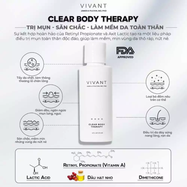 Kem dưỡng giảm mụn, mềm mịn sáng da cơ thể Vivant Clear Body Therapy - Hình ảnh 5