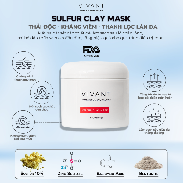 Mặt nạ đất sét ngăn mụn, giảm dầu thừa và thải độc cho da Vivant Sulfur Clay Mask - Hình ảnh 2