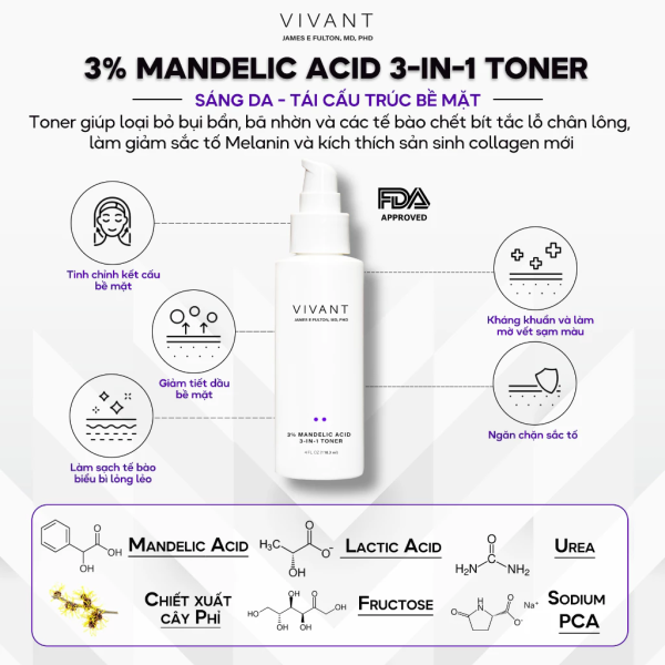 Nước cân bằng, sạch sâu và cải thiện kết cấu da Vivant 3% Mandelic Acid 3-in-1 Toner - Hình ảnh 2