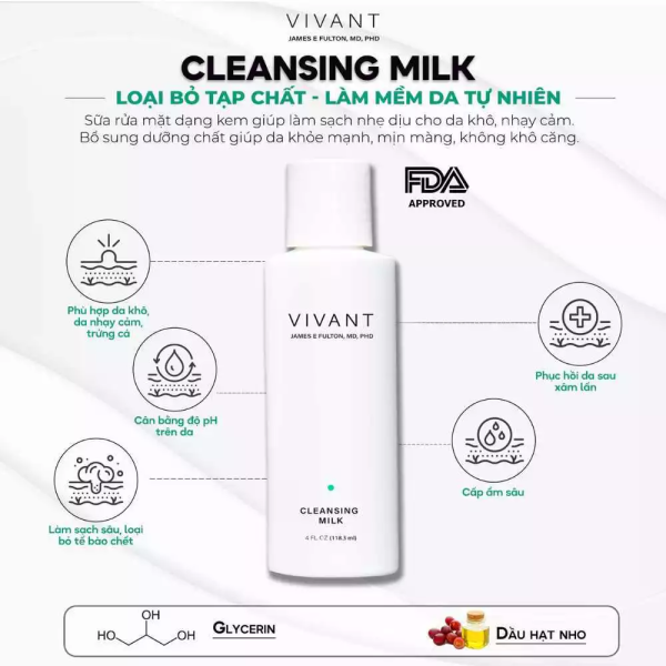 Sữa rửa mặt dưỡng ẩm, mềm mịn da Vivant Cleansing Milk - Hình ảnh 3