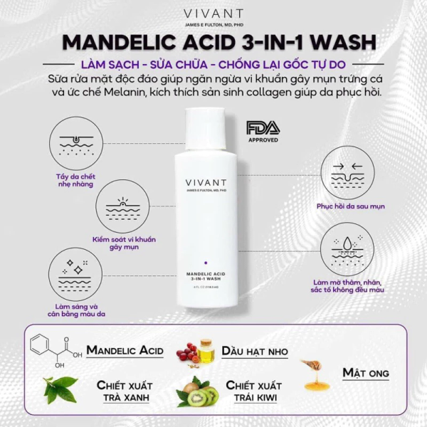 Sữa rửa mặt sạch sáng da, cải thiện mụn Vivant Mandelic Acid 3-in-1 Wash - Hình ảnh 2