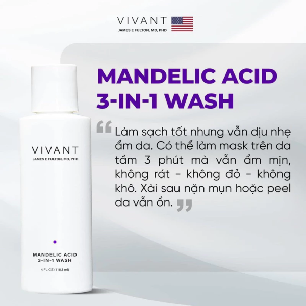 Sữa rửa mặt sạch sáng da, cải thiện mụn Vivant Mandelic Acid 3-in-1 Wash - Hình ảnh 3