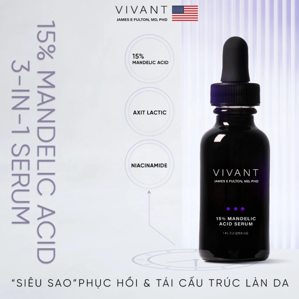 Tinh chất hỗ trợ trị mụn, trẻ hóa da Vivant 15% Mandelic Acid 3-in 1 Serum  - Hình ảnh 3