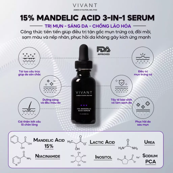 Tinh chất hỗ trợ trị mụn, trẻ hóa da Vivant 15% Mandelic Acid 3-in 1 Serum  - Hình ảnh 2
