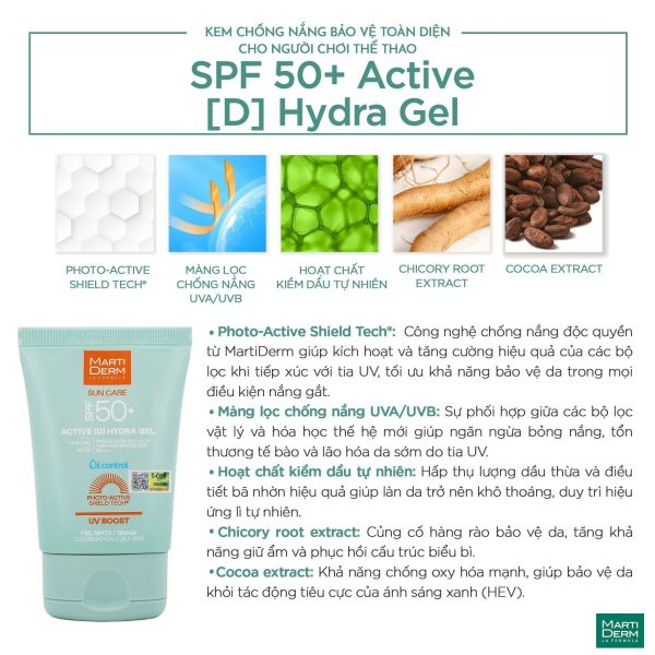 Kem chống nắng mỏng nhẹ, kiềm dầu cho người chơi thể thao MartiDerm SPF 50+ Active [D] Hydra Gel  - Hình ảnh 2