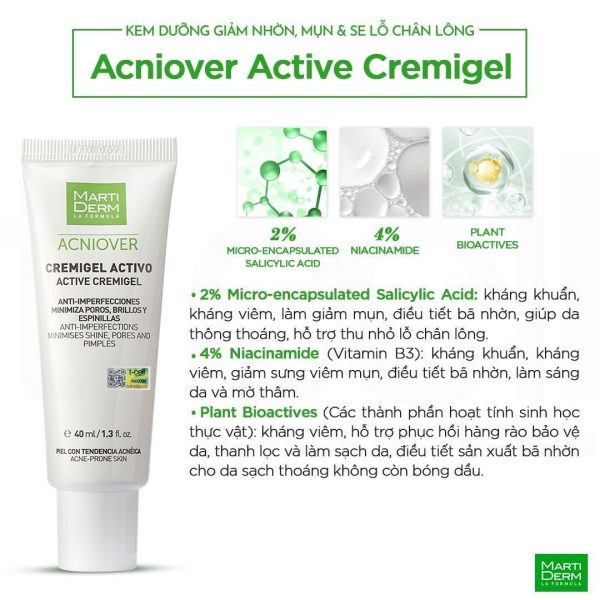 Kem dưỡng giảm nhờn, giảm viêm mụn MartiDerm Acniover Active Cremigel  - Hình ảnh 2