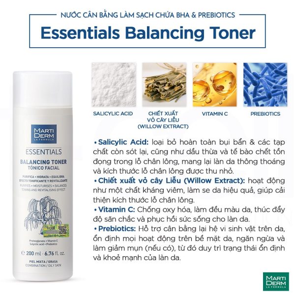 Nước cân bằng pH, giảm dầu nhờn và thu nhỏ lỗ chân lông MartiDerm Essentials Balancing Toner - Hình ảnh 2