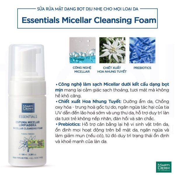 Sữa rửa mặt tạo bọt, cân bằng hệ vi sinh cho da MartiDerm Essentials Micellar Cleansing Foam - Hình ảnh 2