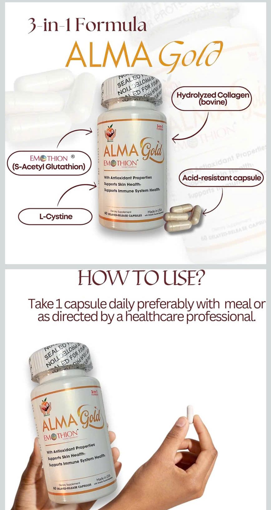 Viên uống hỗ trợ chống oxy hóa, giúp da sáng đều màu HBN AlmaGold Emothion - Hình ảnh 3