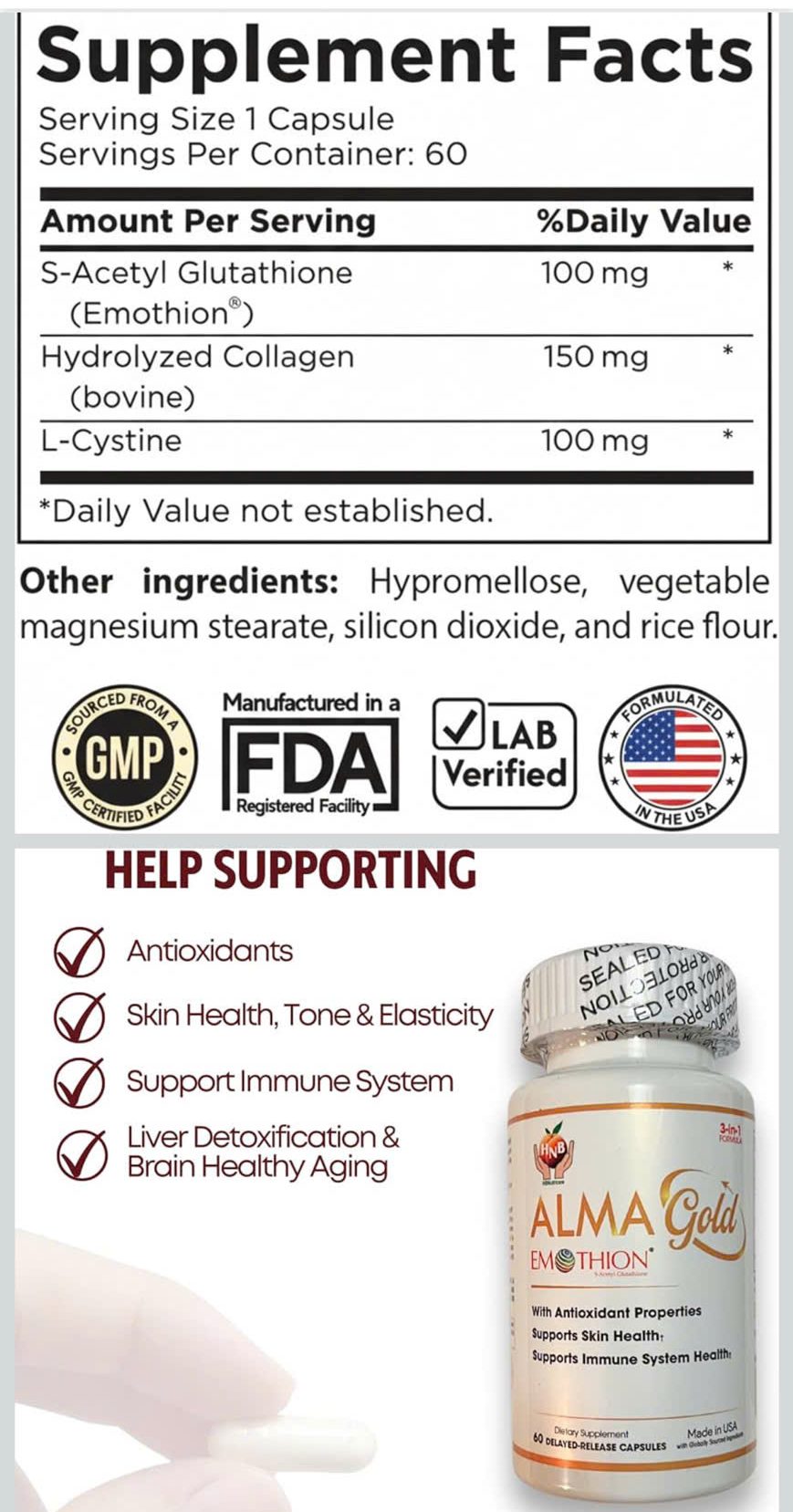 Viên uống hỗ trợ chống oxy hóa, giúp da sáng đều màu HBN AlmaGold Emothion - Hình ảnh 2