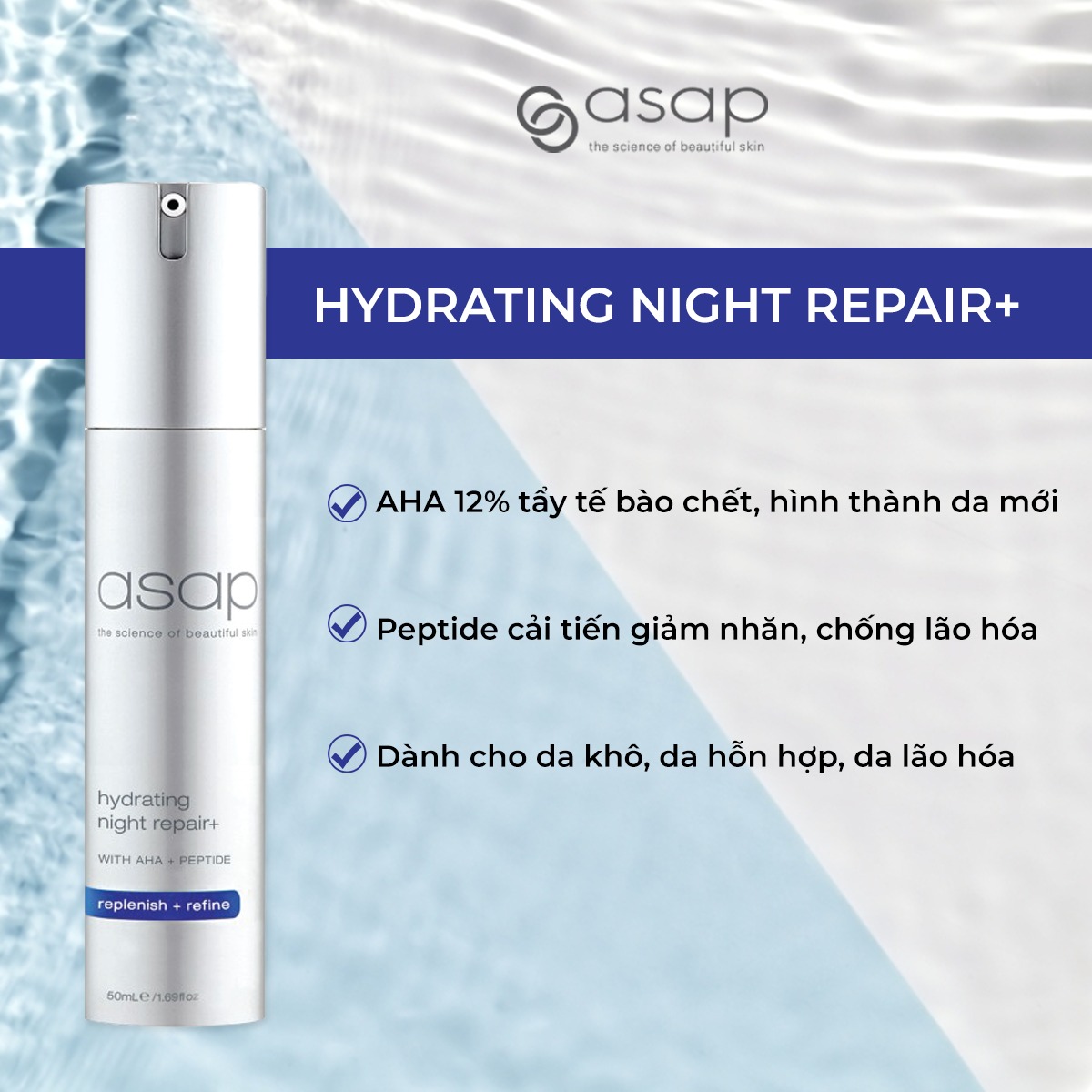 Kem dưỡng đêm AHA, peptide tái tạo và phục hồi da Asap Hydrating Night Repair+ - Hình ảnh 3