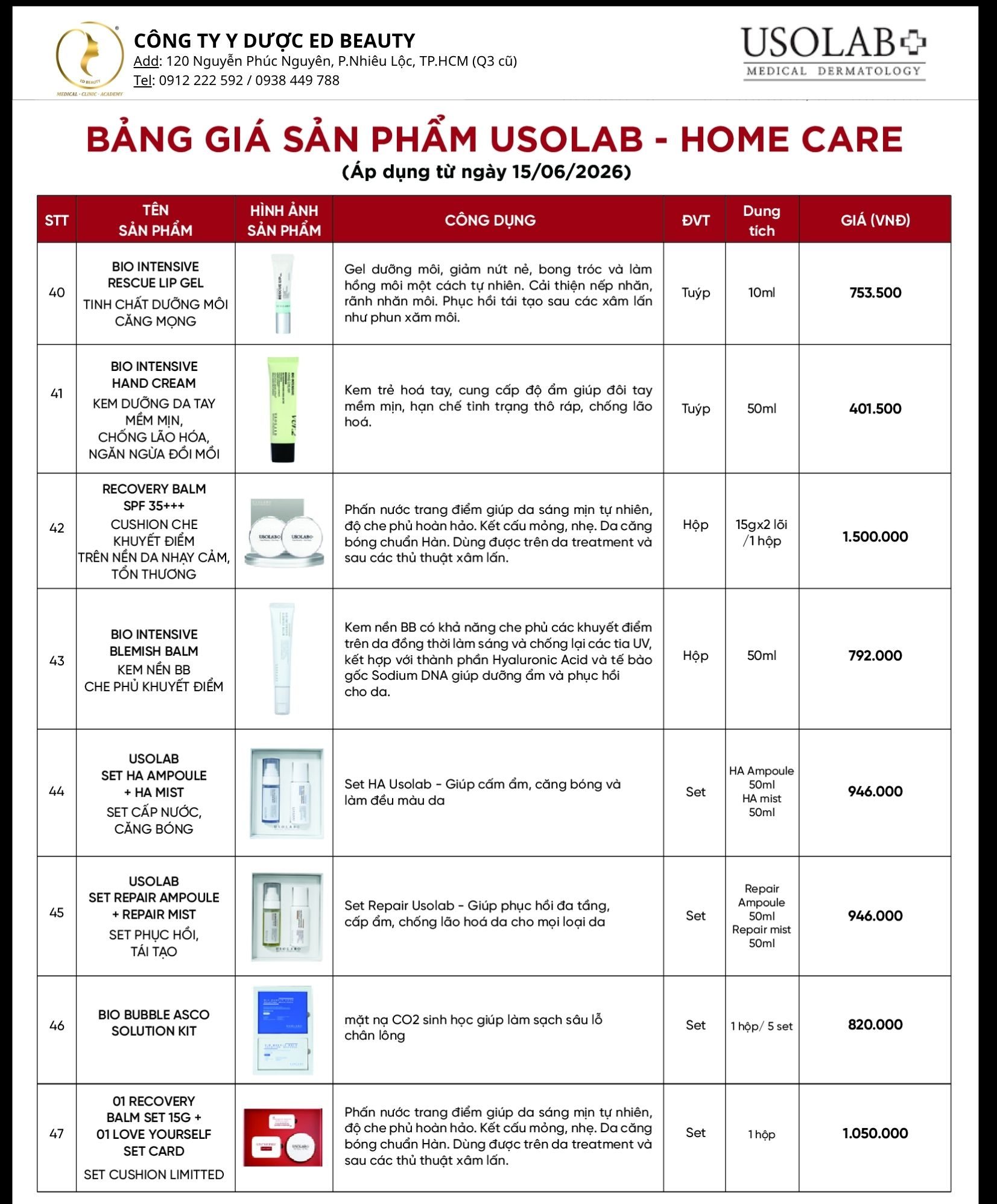 BẢNG GIÁ SẢN PHẨM USOLAB CHÍNH HÃNG