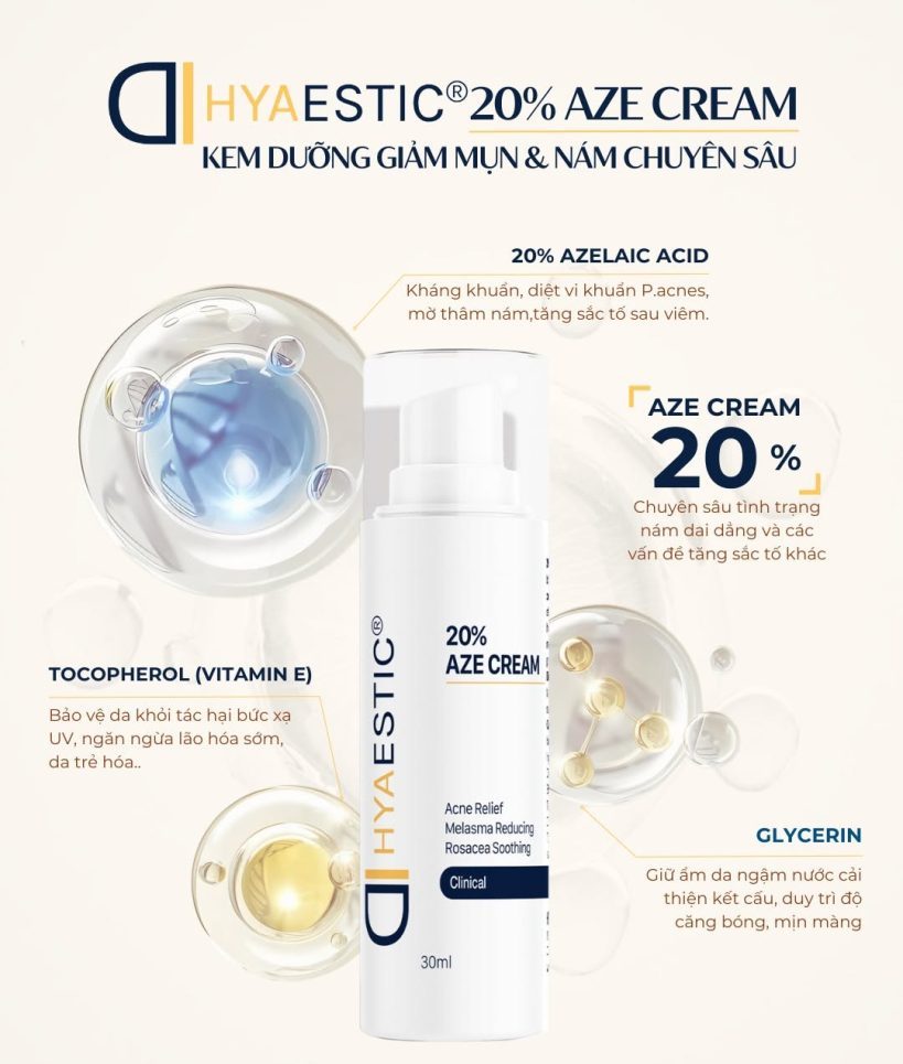 Kem hỗ trợ trị mụn, rosacea, tăng sắc tố và nám da Hyaestic 20% Aze Cream - Hình ảnh 2